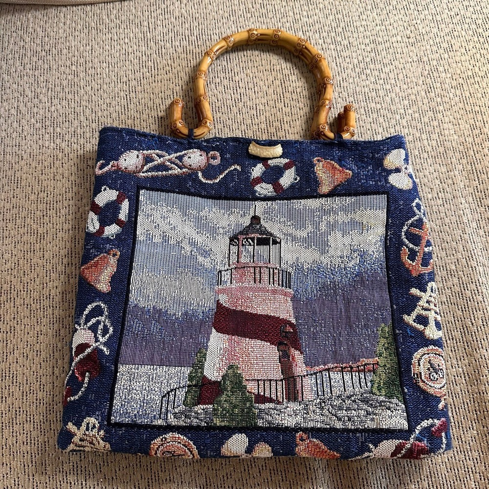 Tapestry Lighthouse Handbag‎ 12"x11" Tote Faux Bamboo Handles Nautical Seashore